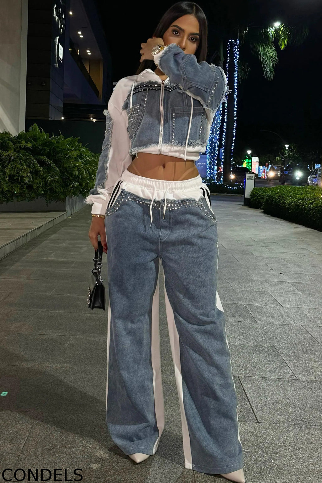 Fashion Denim Panel Hooded Jacket + Hotfix Rhinestone Jeans