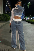 Fashion Denim Panel Hooded Jacket + Hotfix Rhinestone Jeans