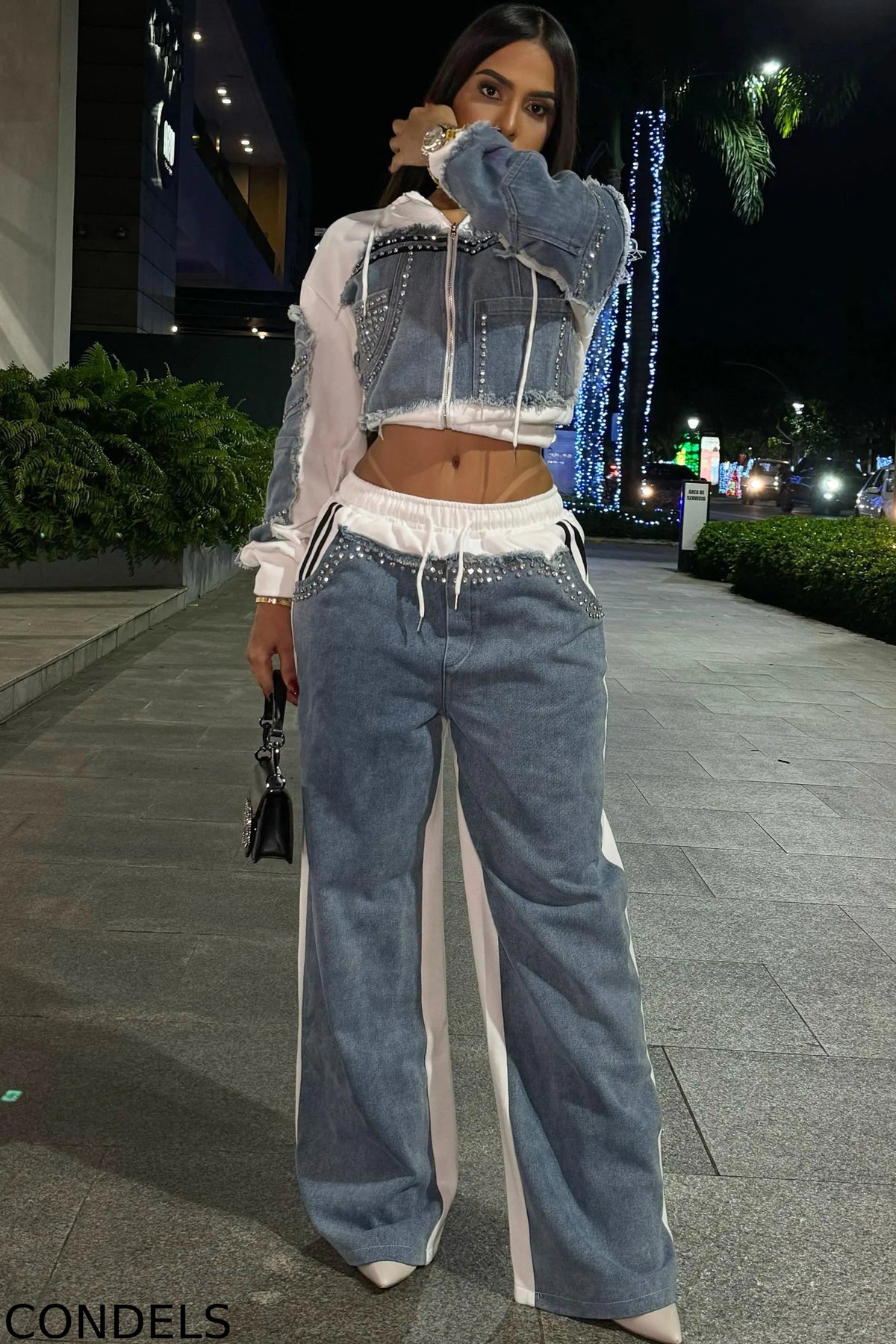 Fashion Denim Panel Hooded Jacket + Hotfix Rhinestone Jeans