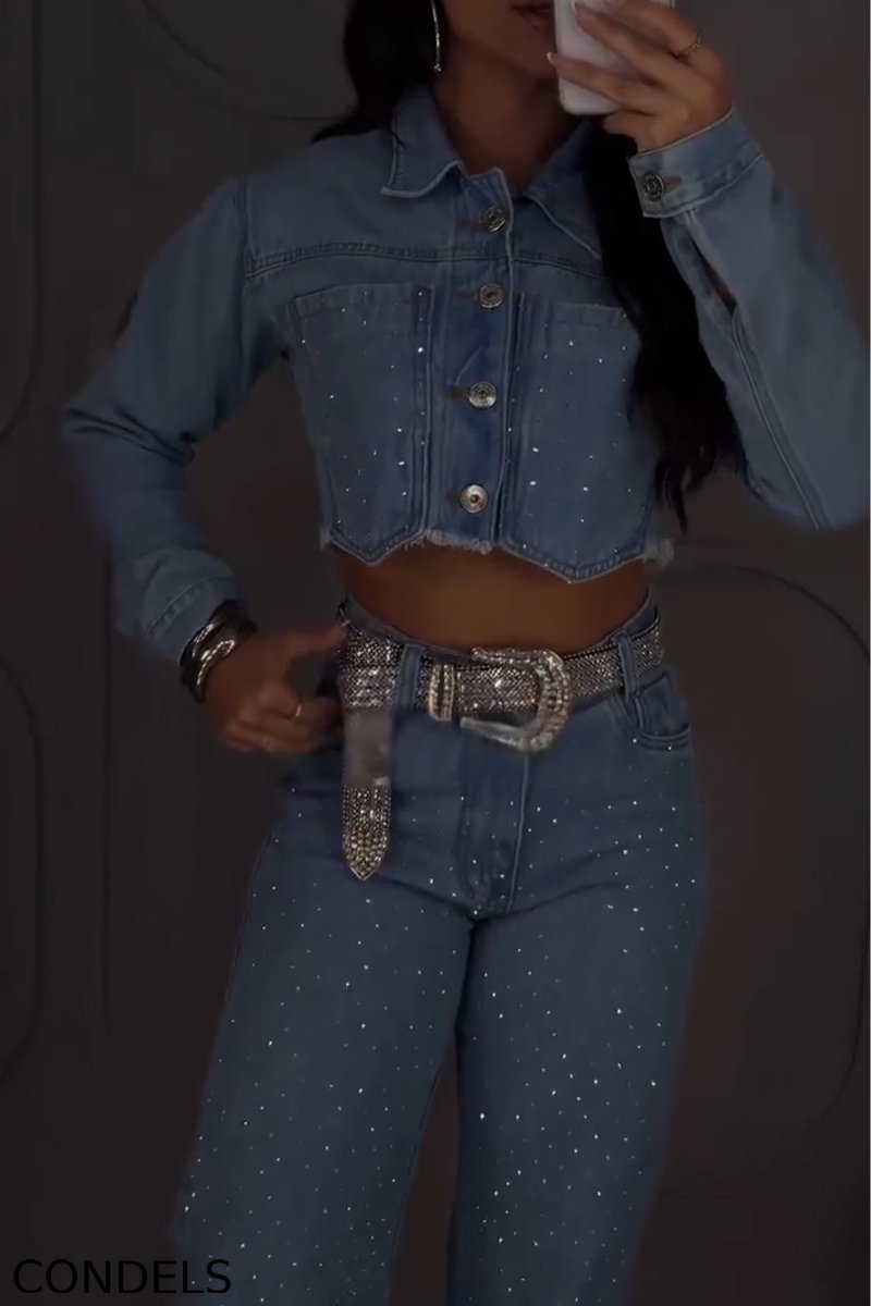 Women's Collar Rhinestone Denim Jacket + Rhinestone Jeans