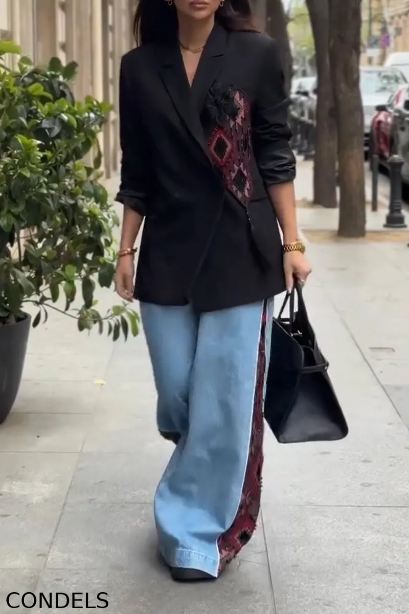 Women Collar Patchwork Floral Jacket or Patchwork Printed Jeans