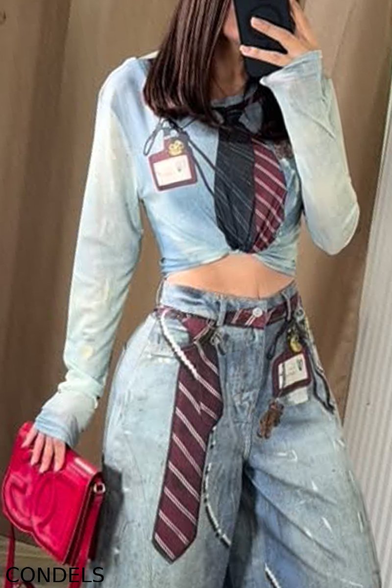Ladies' Fashionable Casual Denim Printed Top And Jeans