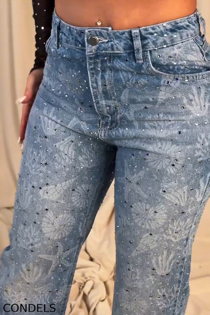 Women's Fashion Rhinestone Sheer Top & Pattern Jeans