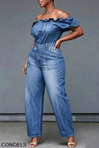 Women's Casual Off Shoulder Denim Top & Asymmetric Waist Jeans