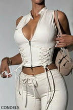 Women's Fashion Tie Zipper Denim Vest & Cropped Jeans