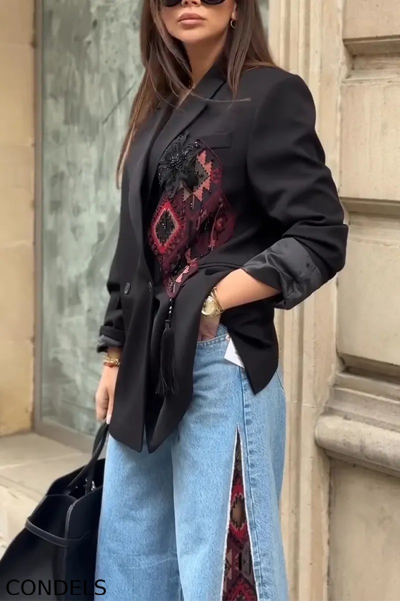 Women Collar Patchwork Floral Jacket or Patchwork Printed Jeans