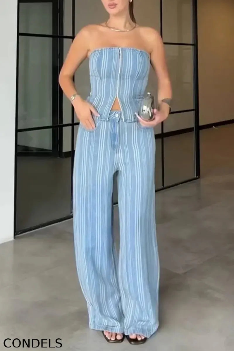 Women's Casual Stripe Denim Bustier or Jeans