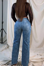 Women's Fashion Rhinestone Sheer Top & Pattern Jeans
