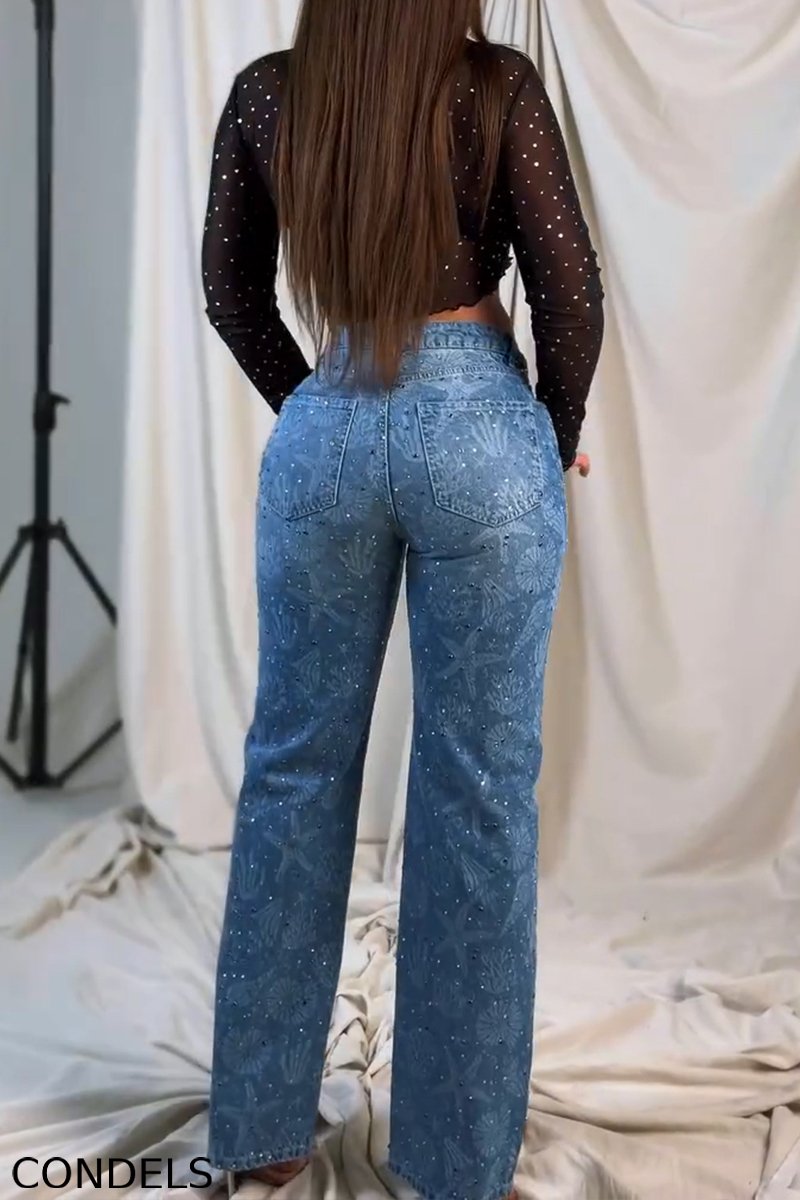 Women's Fashion Rhinestone Sheer Top & Pattern Jeans