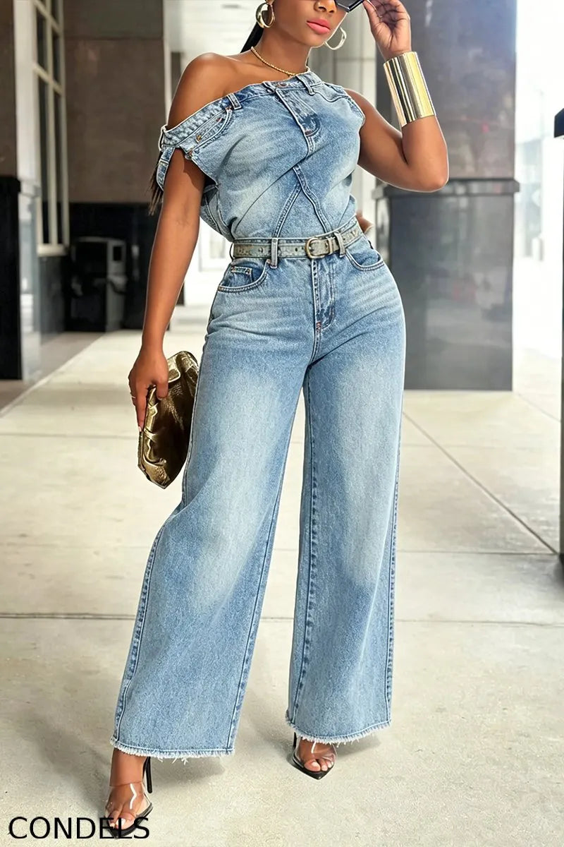 Women's Fashion One Shoulder Design Denim Top or Jeans