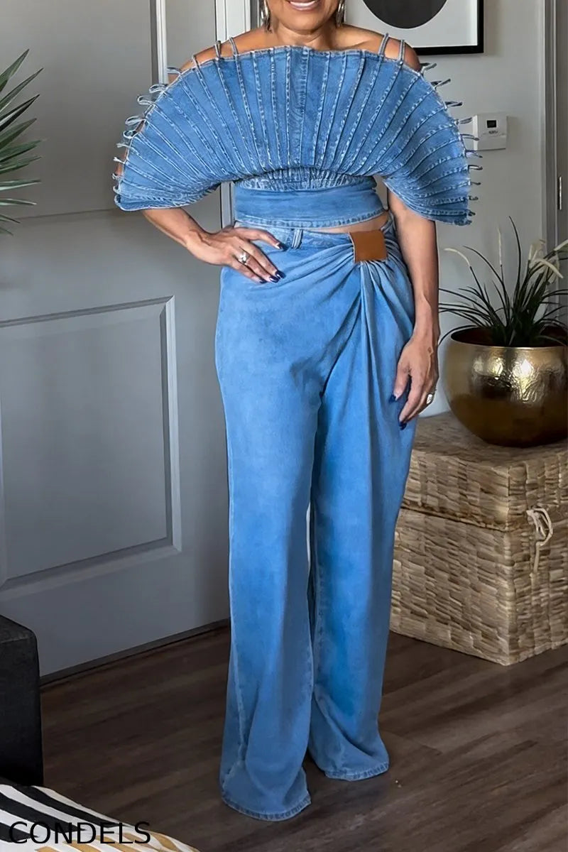 Women's Fashion Backless Denim Top & Pleated Jeans
