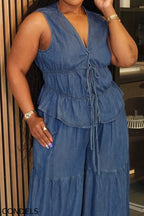 Women's Casual Tie Back Vest & Tiered Wide Leg Jeans