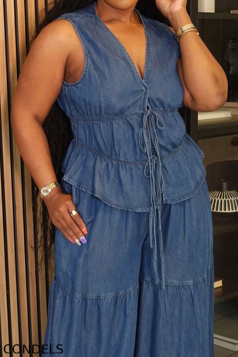 Women's Casual Tie Back Vest & Tiered Wide Leg Jeans