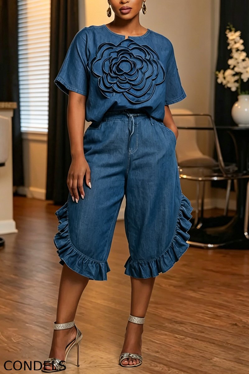 Women's Casual 3D Floral Denim Top or Flounce Jeans