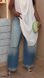 Women Neck Hanging Sleeveless Irregular Top + Washed Ripped Jeans