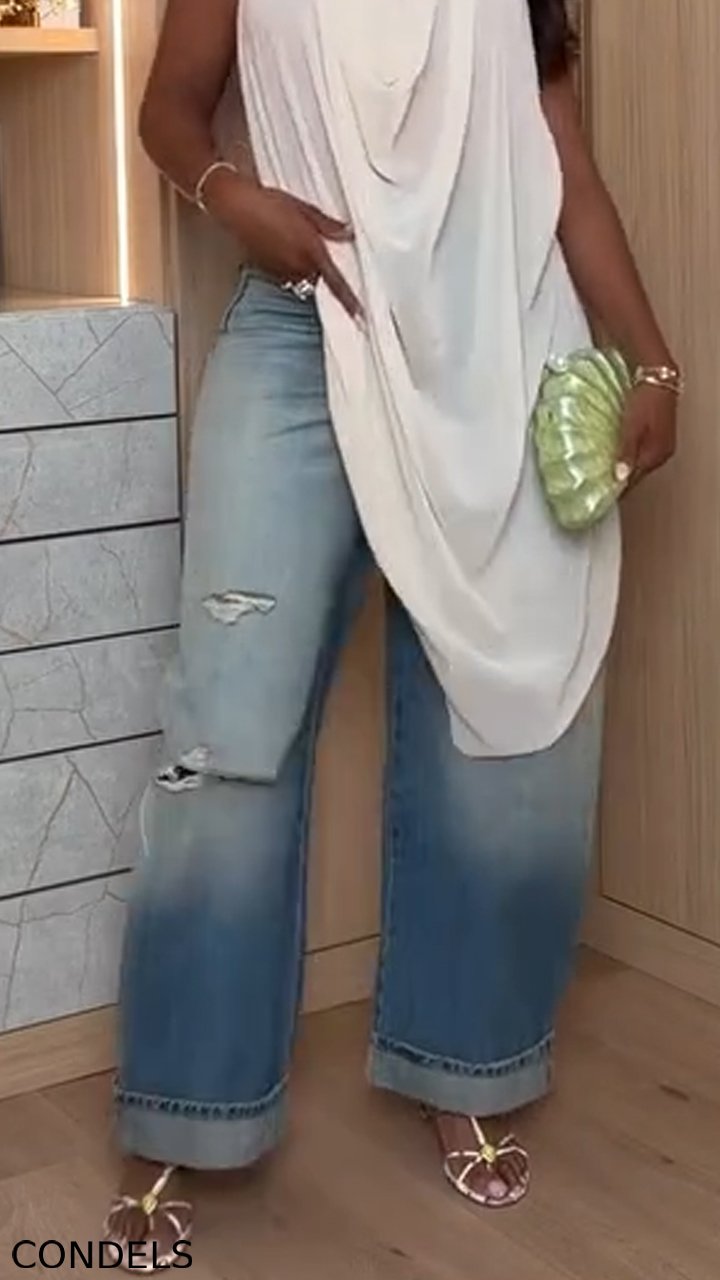 Women Neck Hanging Sleeveless Irregular Top + Washed Ripped Jeans