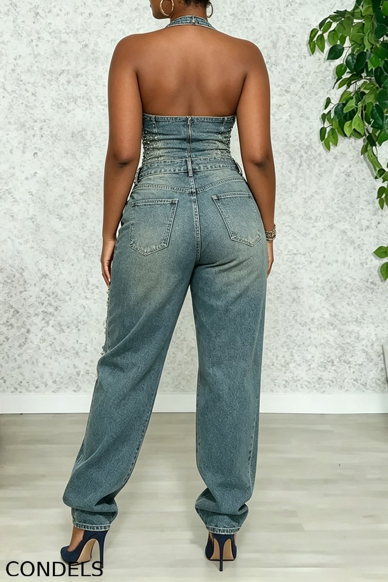 Women's Fashion Bestseller Rhinestone Denim Vest & Distressed Jeans