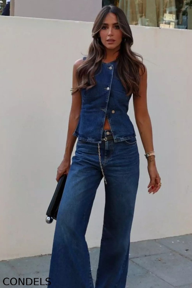 Vintage Inspired Sleeveless Denim Vest + Slimming Jeans  Set