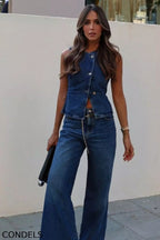 Vintage Inspired Sleeveless Denim Vest + Slimming Jeans  Set