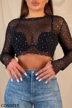 Women's Fashion Rhinestone Sheer Top & Pattern Jeans