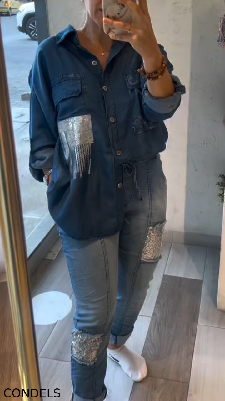 Women's Collar Patchwork Denim Shirt + Patchwork Sequined Jeans