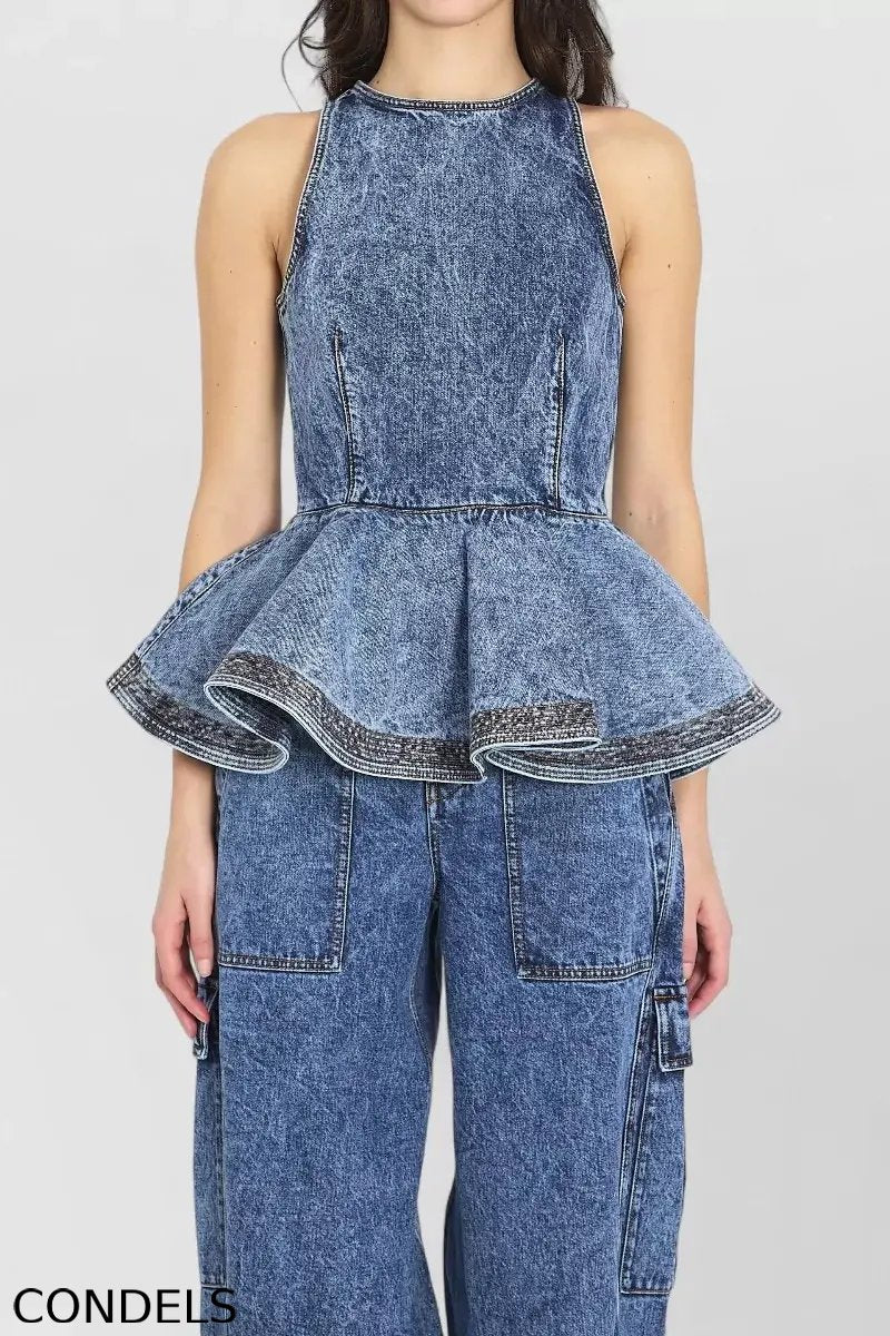 Ladies' Casual Denim Ruffled Top And Workwear Jeans