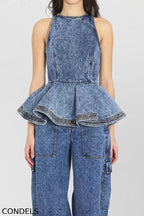 Ladies' Casual Denim Ruffled Top And Workwear Jeans
