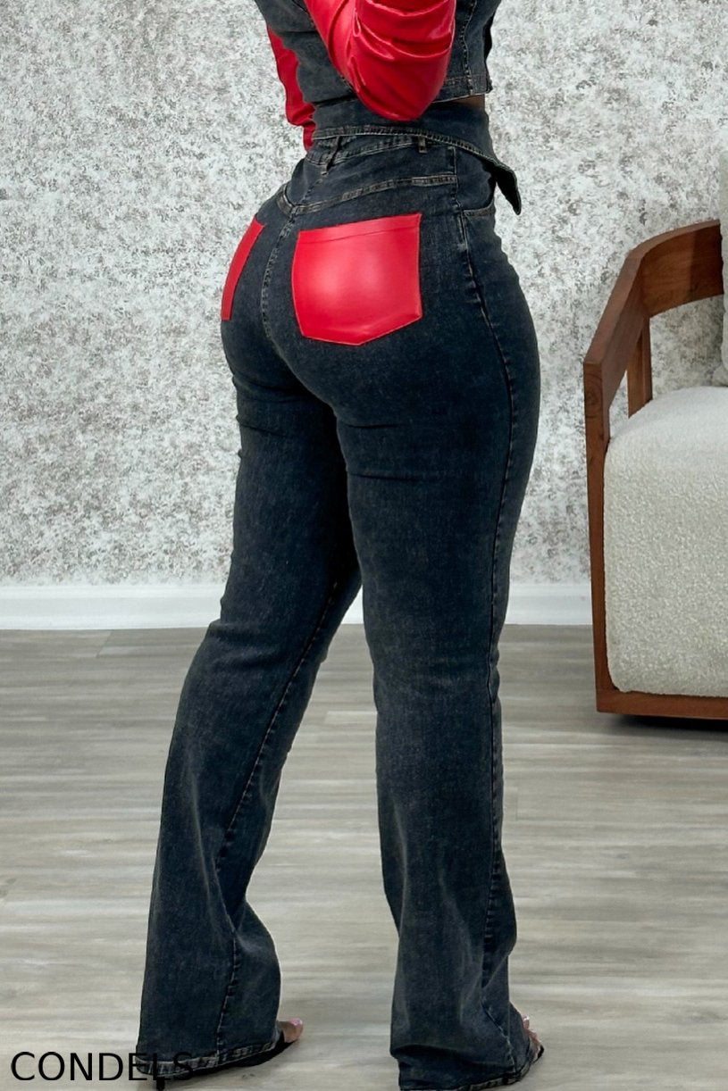 Women's Leather Panel Jacket With Contrast Belt Denim Jeans