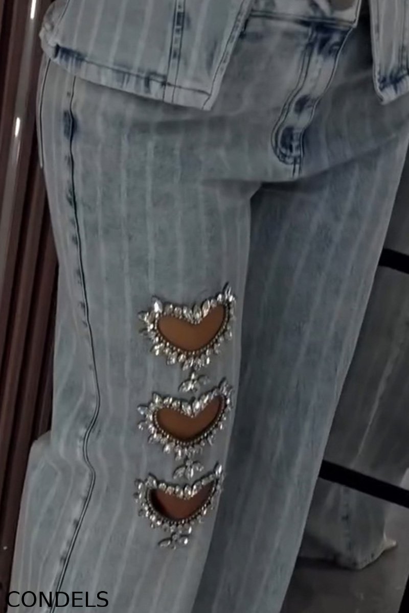 Women's Heart Rhinestone Vintage Washed Stripe Vest + Jeans