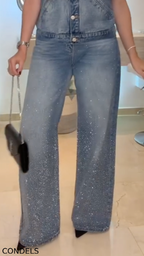 Women's Sleeveless Collared Denim Top + Rhinestone-studded Jeans
