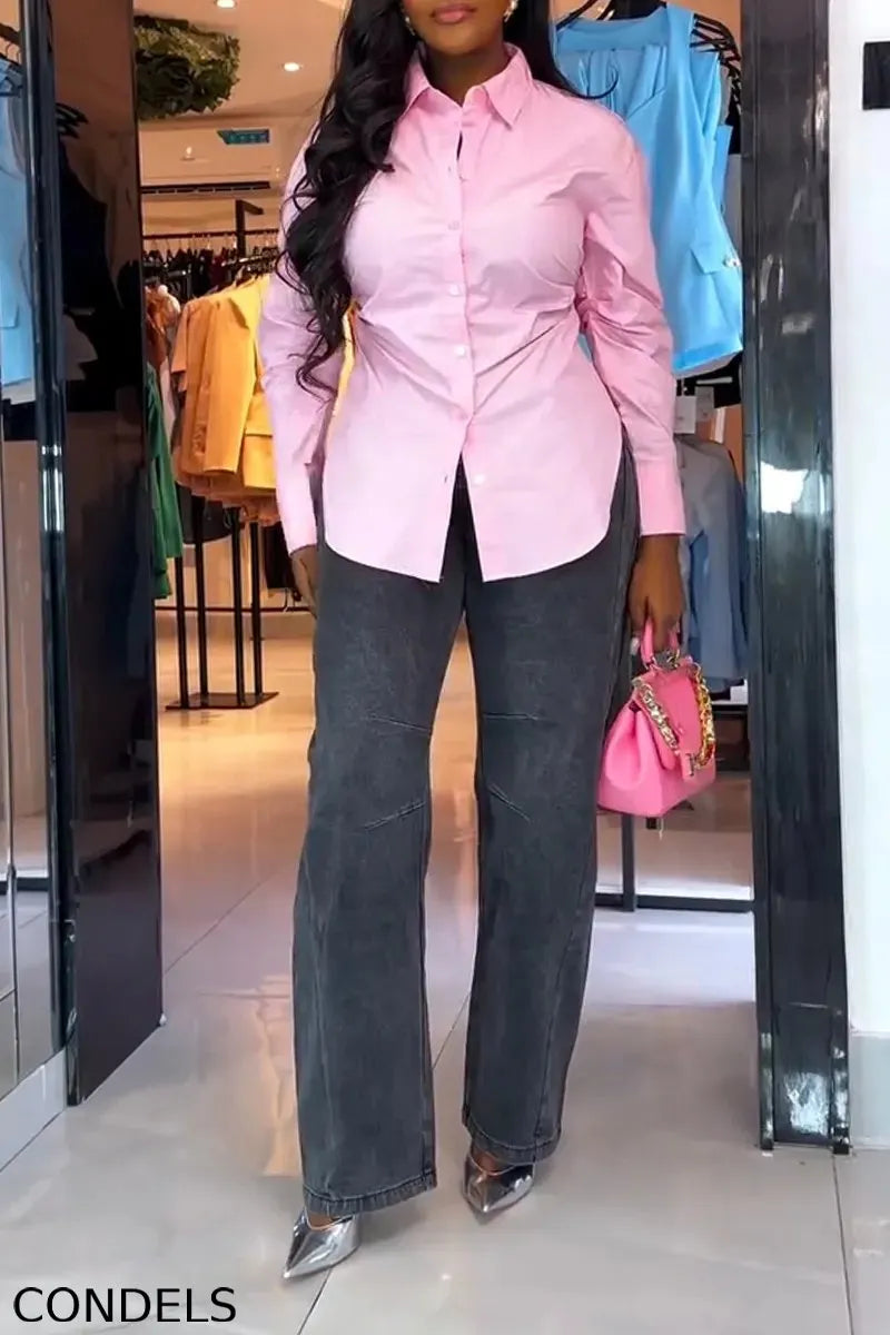 Women Collared Pleated Shirt or Wide Leg Jeans