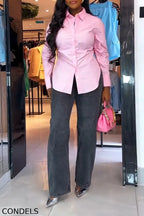 Women Collared Pleated Shirt or Wide Leg Jeans