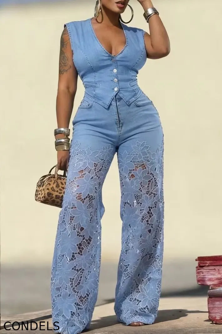 Women's Elegant V Neck Denim Top & Lace Panel Jeans