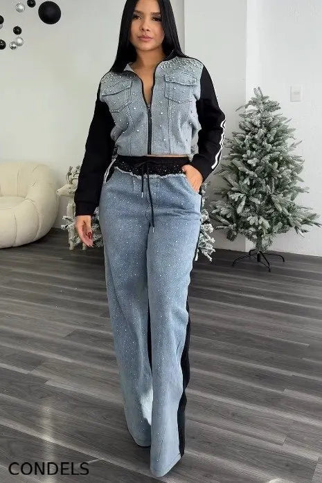 Ladies' Glamorous Color-Block Jacket + Crystal Jeans