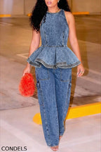 Ladies' Casual Denim Ruffled Top And Workwear Jeans