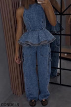 Ladies' Casual Denim Ruffled Top And Workwear Jeans