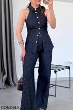 Women's Elegant Lace Panel Denim Vest & Jeans