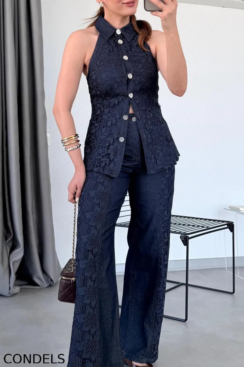Women's Elegant Lace Panel Denim Vest & Jeans