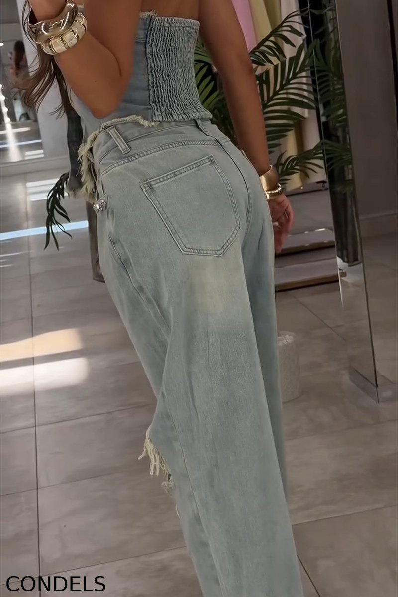 Women's Fashion Rhinestone Denim Bustier or Ripped Jeans