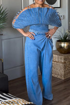Women's Fashion Backless Denim Top & Pleated Jeans