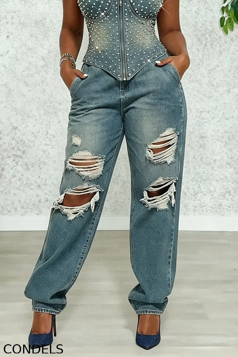 Women's Fashion Bestseller Rhinestone Denim Vest & Distressed Jeans