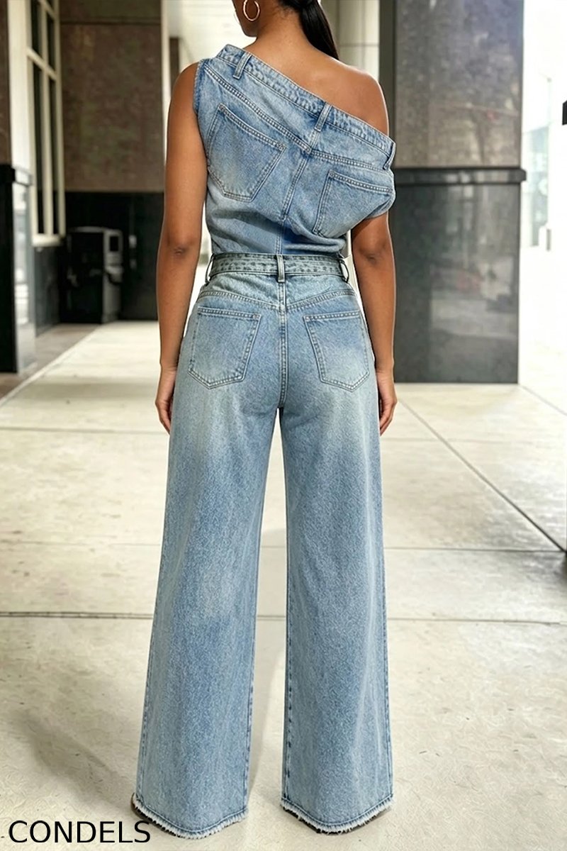 Women's Fashion One Shoulder Design Denim Top or Jeans