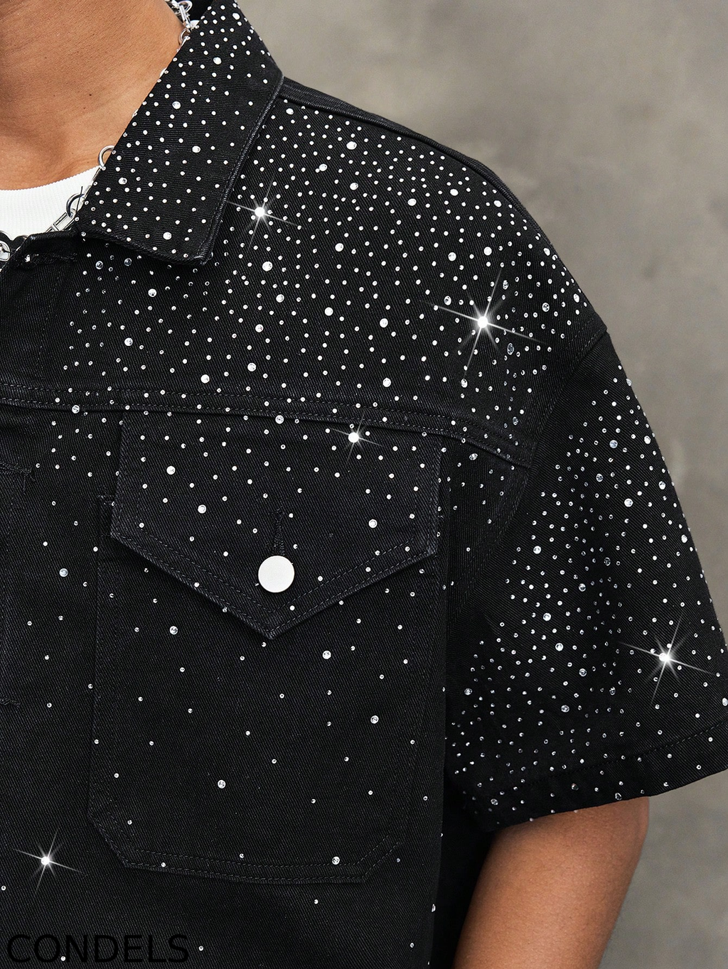 Men's Y2K Bling Full Rhinestone Denim Shirt  And Jeans shorts