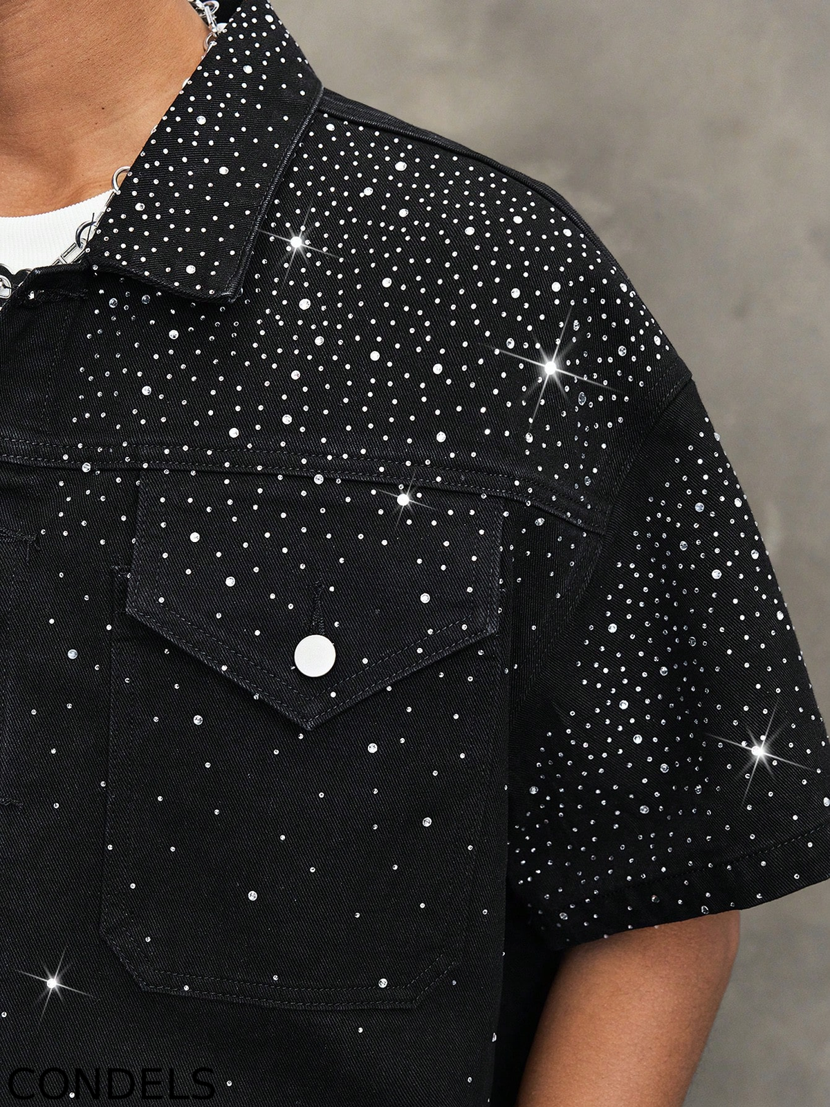 Men's Y2K Bling Full Rhinestone Denim Shirt  And Jeans shorts