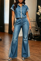 Women's Casual Stripe-Trim Denim Shirt or Wide-Leg Jeans