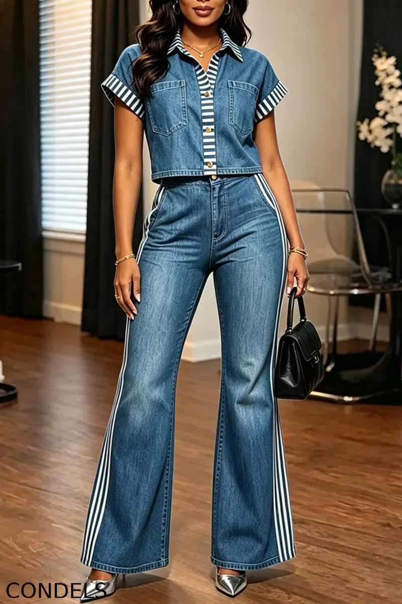 Women's Casual Stripe-Trim Denim Shirt or Wide-Leg Jeans