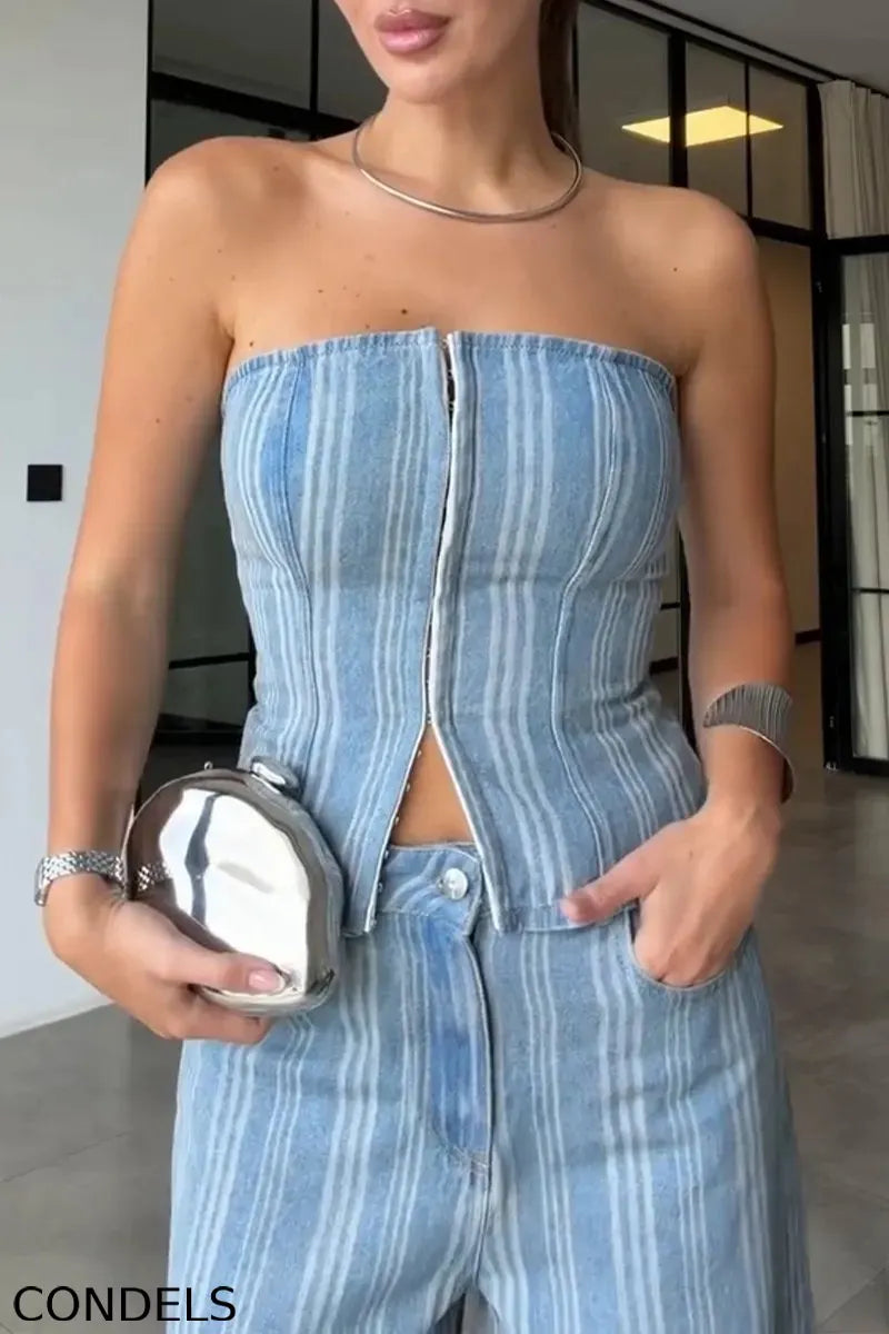 Women's Casual Stripe Denim Bustier or Jeans