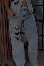 Women's Heart Rhinestone Vintage Washed Stripe Vest + Jeans